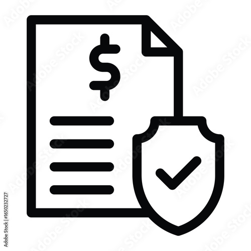 A document with a dollar sign lines indicating text a curled corner and a shield with a checkmark, web icons in line style. Editable stroke
