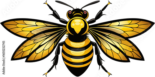 Illustration of a bee producing nectar into honey which is beneficial for other living creatures, an amazing natural architect when making its nest. The image is seen from above.
