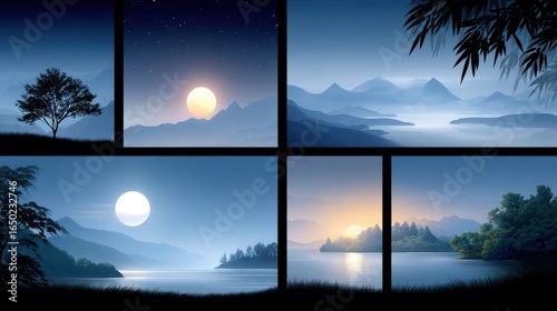 A serene landscape collage showcasing tranquil moonlit scenes and lush mountains.