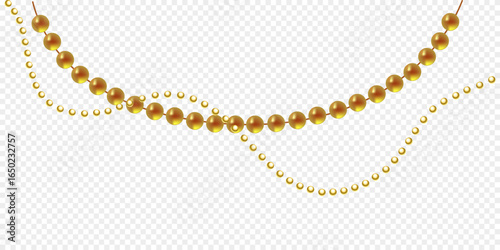 Gold beads on a white background. A beautiful chain of yellow color. Net beads are realistic. Decorative element from golden ball design