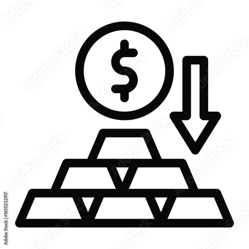 Black outlined image of gold bars stacked a dollar sign above with a downward arrow next to it, web icons in line style. Editable stroke