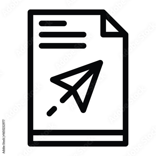 Blackandwhite document icon paper with folded corner lines and send arrow, web icons in line style. Editable stroke