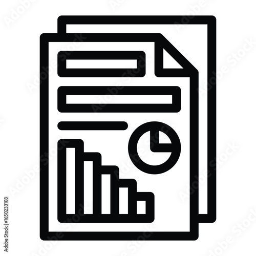 The image displays a financial report with charts diagrams and titles on two sheets of paper, web icons in line style. Editable stroke