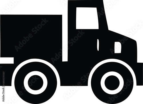 Simple black silhouette of a box truck with two axles and large circular wheels on a white background