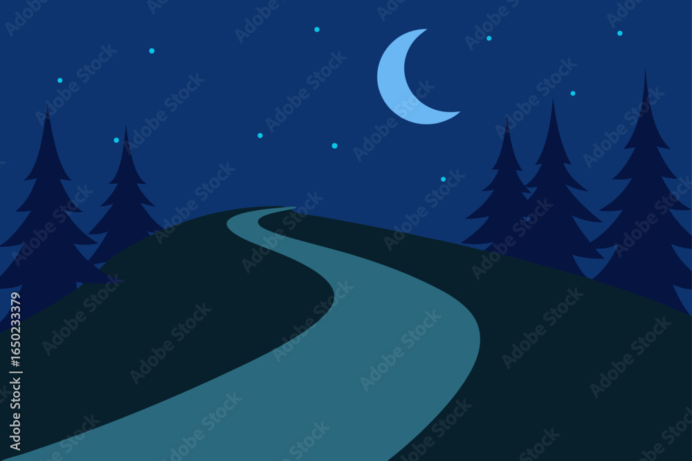 Naklejka premium Winding path through forest under a crescent moon and stars