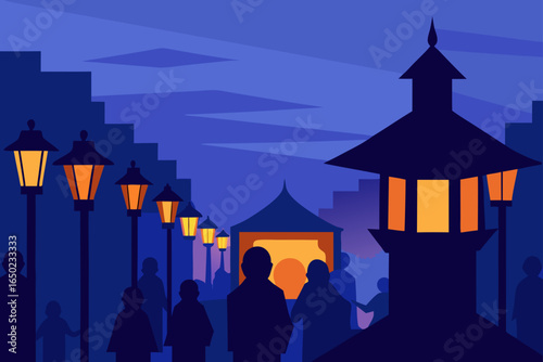 Stylized cityscape at night with glowing lanterns and silhouetted figures