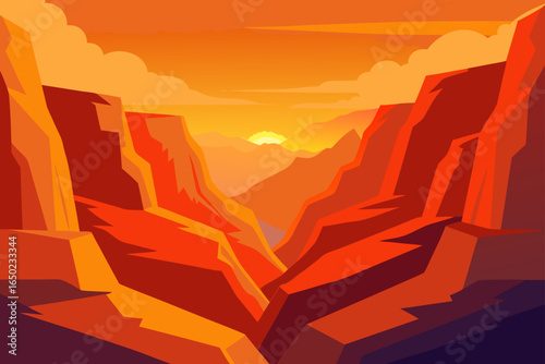 Stylized canyon landscape at sunset with warm orange and red hues