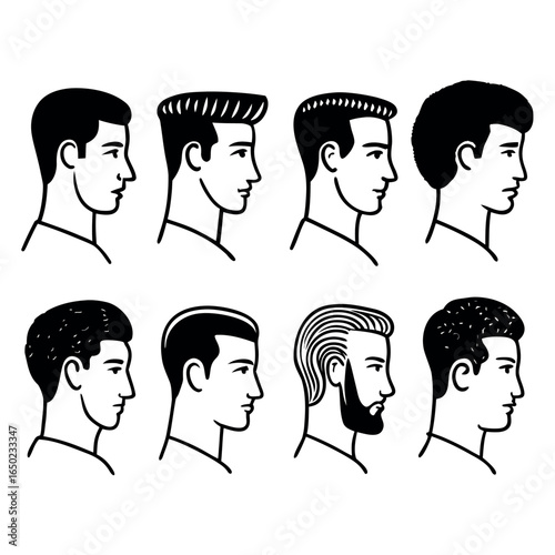 A compilation of eight distinct male hairstyles heads profiles