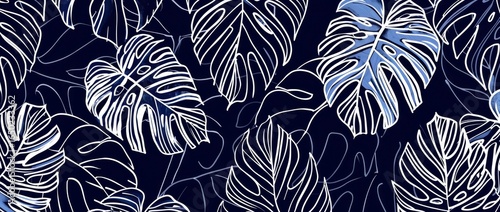 Tropical Leaf Line Art, Seamless Pattern, Dark Blue Background, Fabric Design