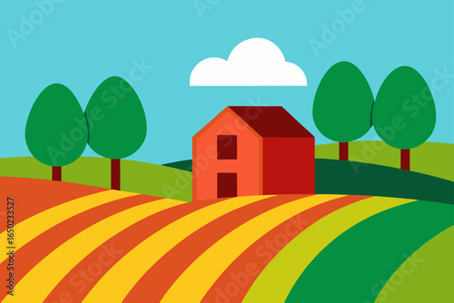 Vibrant cartoon farm scene with red barn and colorful fields