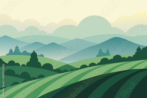 Serene rolling green hills and misty mountains under a soft sky