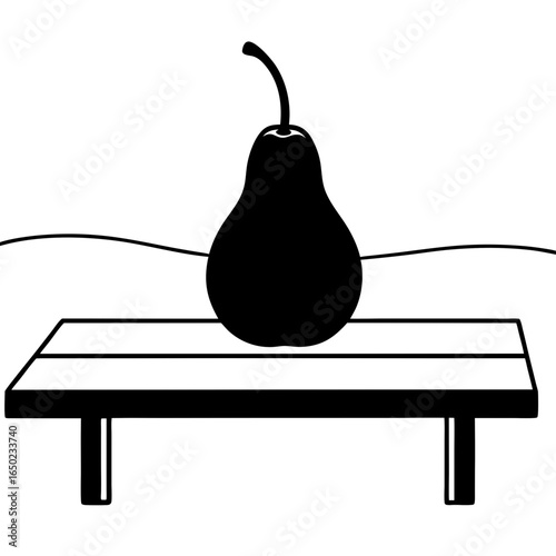 "A rustic scene of a single pear resting on a weathered wooden table, surrounded by soft morning light and a blurred countryside background."