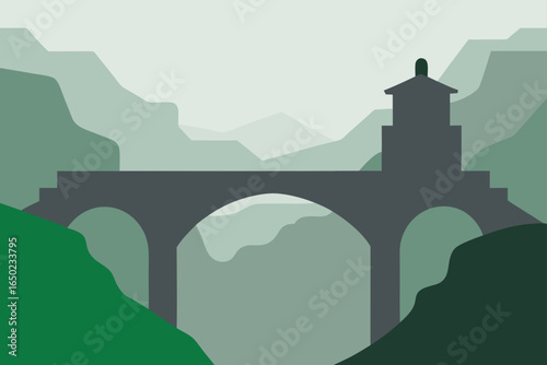 Minimalist illustration of an arched stone bridge with a tower in a mountainous landscape
