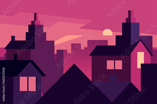 Geometric cityscape at sunset with purple and pink hues