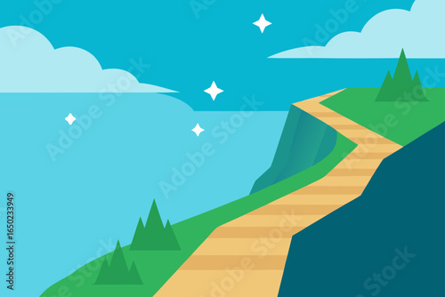 Stylized illustration of a winding path leading up a grassy hill beside a cliff overlooking the ocean