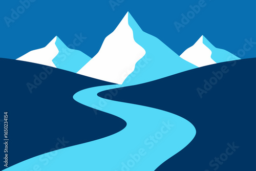 Stylized mountain landscape with a winding river and snow capped peaks