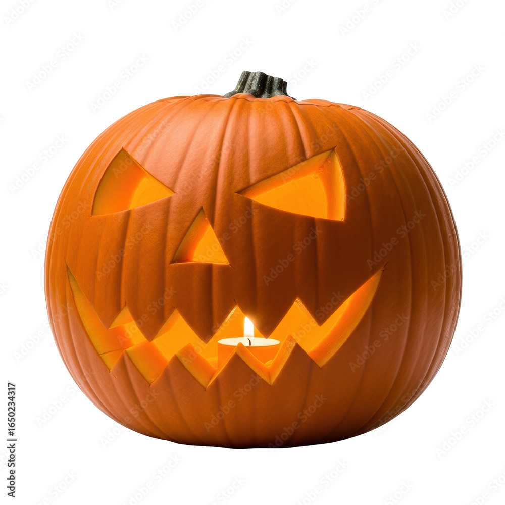 Naklejka premium A traditional carved orange halloween pumpkin, known as a jack o lantern, glows warmly from a lit candle inside, perfect for festive holiday designs.