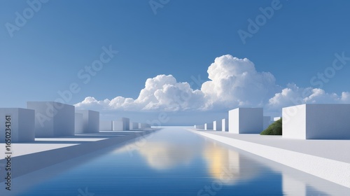 Serene architectural landscape with reflective water and soft clouds.