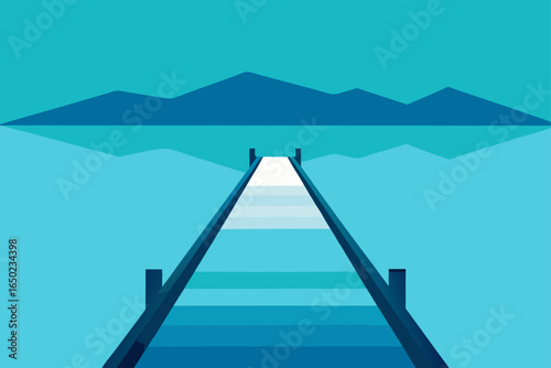 Minimalist geometric landscape with a pier leading to mountains across a calm lake