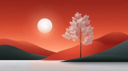 Crédence de cuisine Rouge Minimalist landscape with a lone tree, sun setting over rolling hills  © Vangly