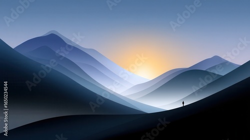 A tranquil scene of a solitary figure against serene mountain silhouettes at sunrise.