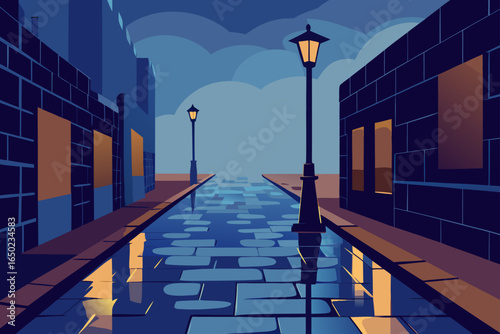 Rainy night street with cobblestones and lampposts