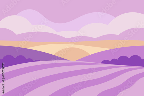 Serene abstract landscape with rolling hills and soft clouds in pastel purple and orange hues
