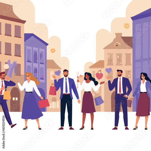 Diverse group of people are shopping with shopping bags on a city street, featuring heart icons and a cartoon style Great for illustrating retail or lifestyle concepts.