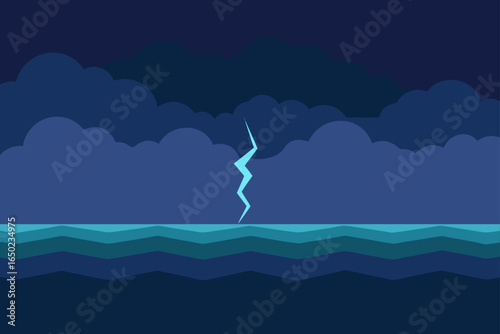 Dramatic lightning strike over dark ocean waves under stormy clouds