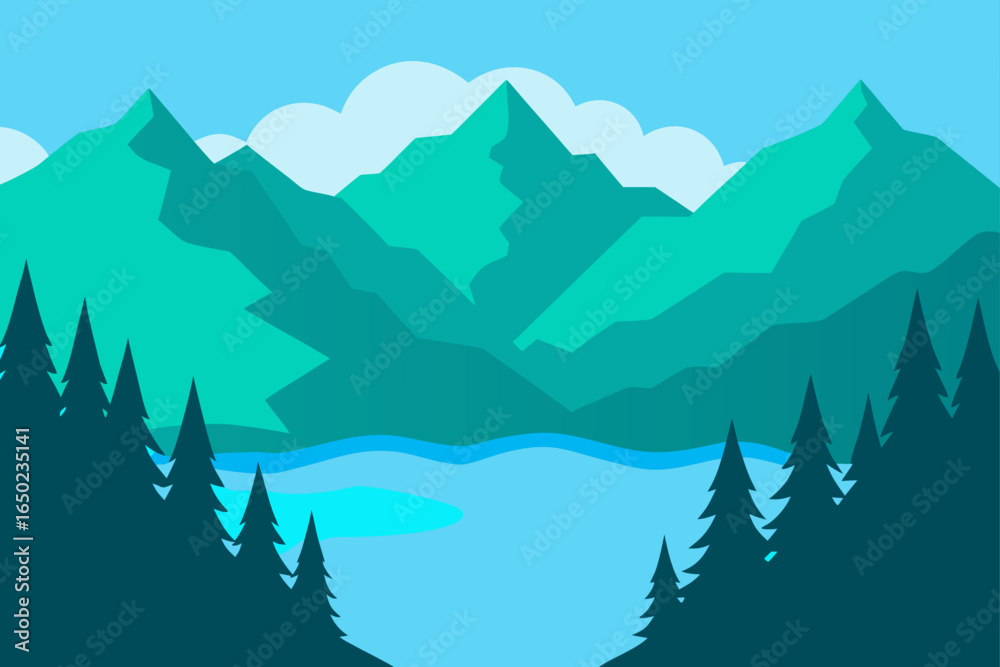 Fototapeta premium Vibrant teal mountain landscape with lake and pine trees