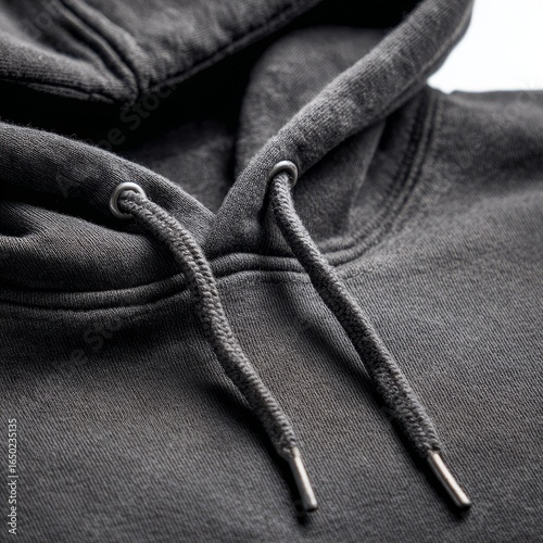 A hoodie with a black hood and a black cord hanging down