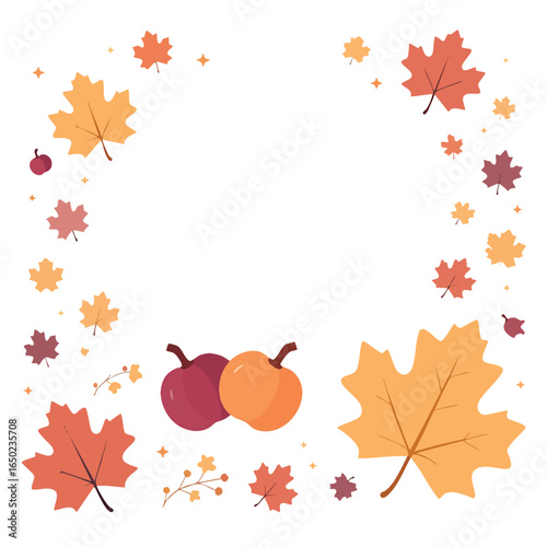 A frame made of colorful fall leaves and fruits creates an inviting seasonal design with plenty of space for text or messages, suitable for greeting cards or announcements.