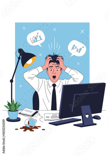 Frustrated businessman overwhelmed by work stress and financial data causing a chaotic office environment and mental strain