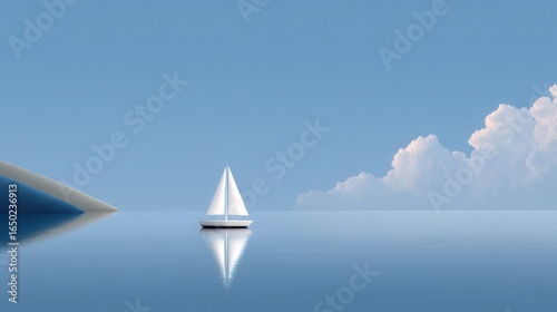 A serene white sailboat glides on a tranquil sea under a clear blue sky.