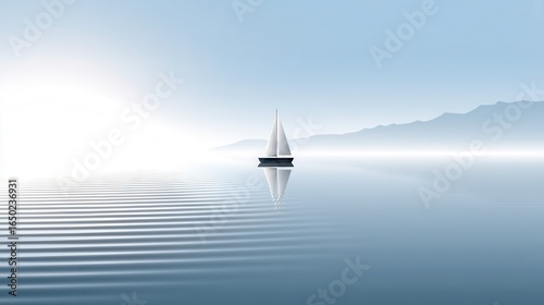 A tranquil sailboat gliding over serene waters at dawn.