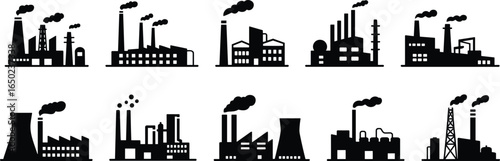Industrial factory silhouettes, manufacturing plants, power plants, smoke stacks, industrial buildings, pollution, production facilities, factory icons, heavy 