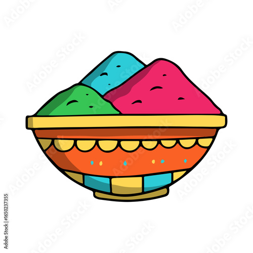 Color Harmony Bowl: A vibrant bowl brimming with a spectrum of powdered colors, representing a visual symphony of art and culture. A lively burst of hues and patterns.