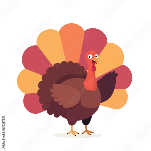 A cartoon turkey with a colorful tail stands on a white background The illustration has a joyful and whimsical feeling and is ideal for festive designs.