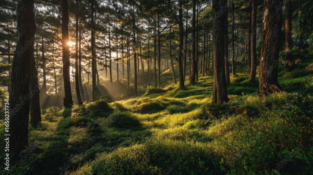 Obraz premium Sunbeams piercing through a thick pine forest, vibrant green undergrowth glowing in the morning light, peaceful atmosphere,