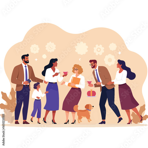 Group of people in cartoon illustration style having a break together while enjoying a drink and each other's company Great for social gathering themed projects.