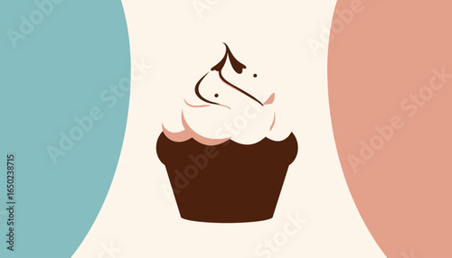 Minimalist Cupcake Design with Pastel Waves Background Illustration