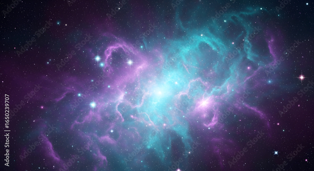 Fototapeta premium A vibrant and colorful nebula with swirling clouds of purple and turquoise gas, illuminated by bright stars in the vast expanse of space.
