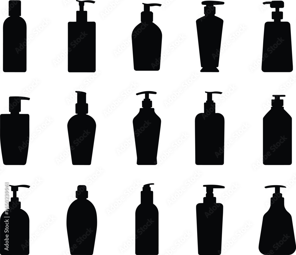 Fototapeta premium Silhouette pump bottle icons, cosmetic dispenser containers, lotion soap bottles, liquid soap dispensers, skincare product bottles, hygiene pump silhouettes vector