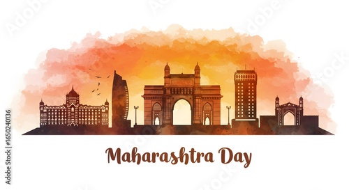 Maharashtra day celebration with iconic gateway of india monument in mumbai, india, against a vibrant watercolor sunset sky, isolated on white background