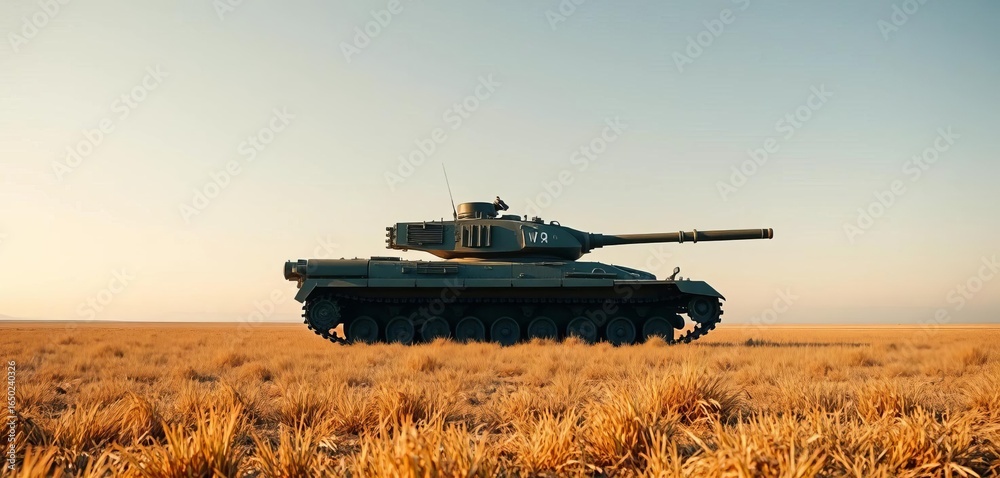 Fototapeta premium A lone tank sits on a vast, flat field, under a clear sky, desert, camouflage