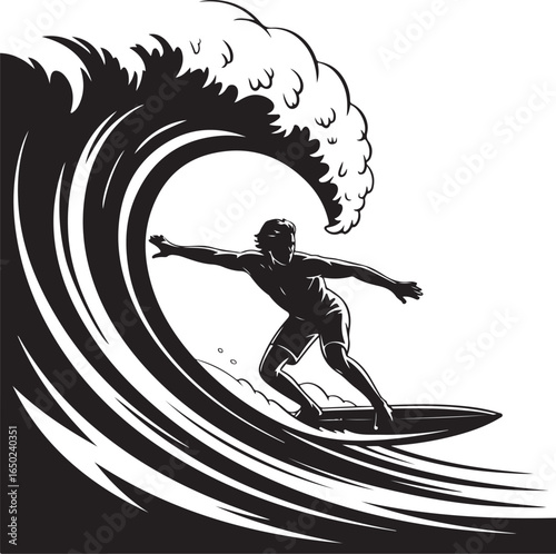 Surfer carving dynamic wave, catching thrilling ride
