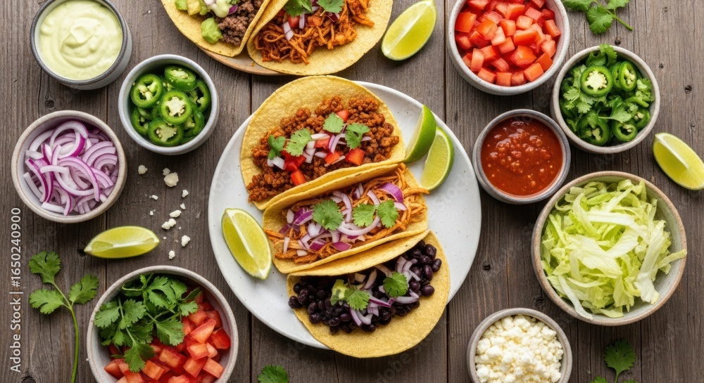 A Rustic Tabletop Feast of Assorted Tacos and Vibrant Fresh Toppings A Rustic Tabletop Feast of Assorted Tacos and Vibrant Fresh Toppings