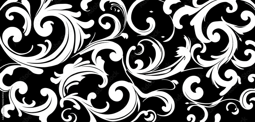 Abstract swirling black and white floral pattern, intricate and elegant, monochrome, illustration