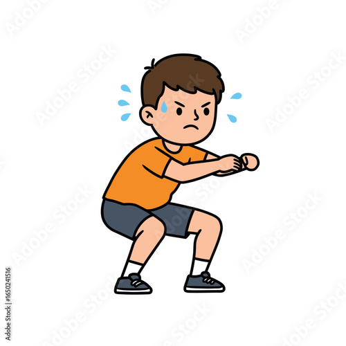 Cartoon boy performing a squat exercise sweating and looking determined.