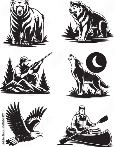 Wild adventure icons bear wolf hunter eagle canoe